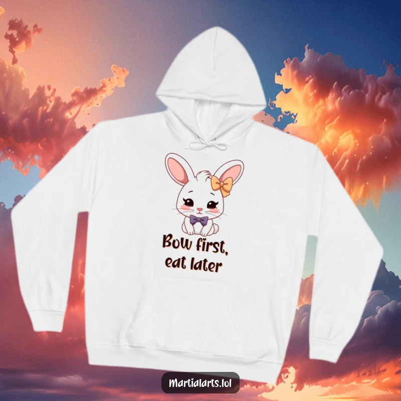 Funny Rabbit Formal Bow Hoodie: A cheerful rabbit in a deep, mock-serious bow, perfect for cozying up.