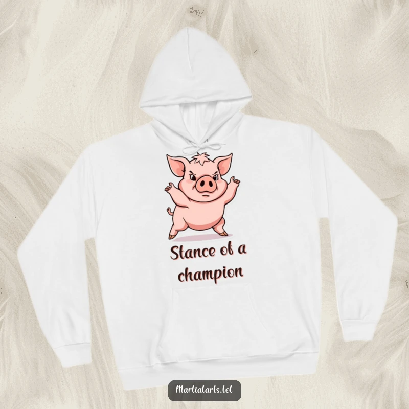 Funny determined pig in a powerful, low stance, cozy funny hoodie, perfect for training, gift.