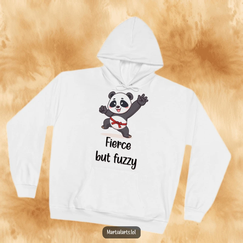Funny hoodie featuring a happy panda in an impressive martial arts kick, offering warmth and a humorous, action-packed design.