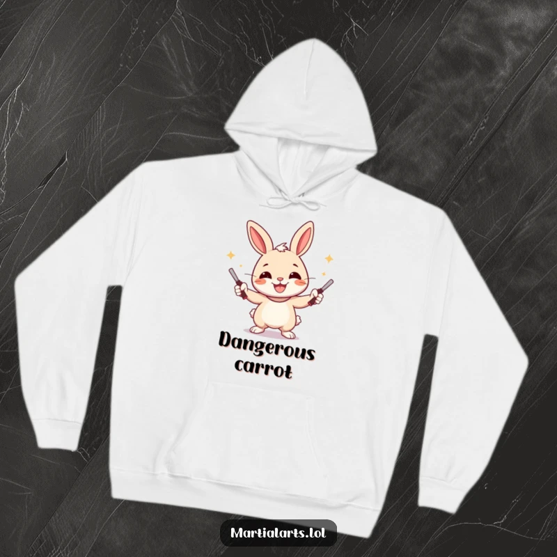 Funny Rabbit Hoodie featuring a cheerful rabbit juggling nunchucks with a wide smile, making it a cozy and funny gift.