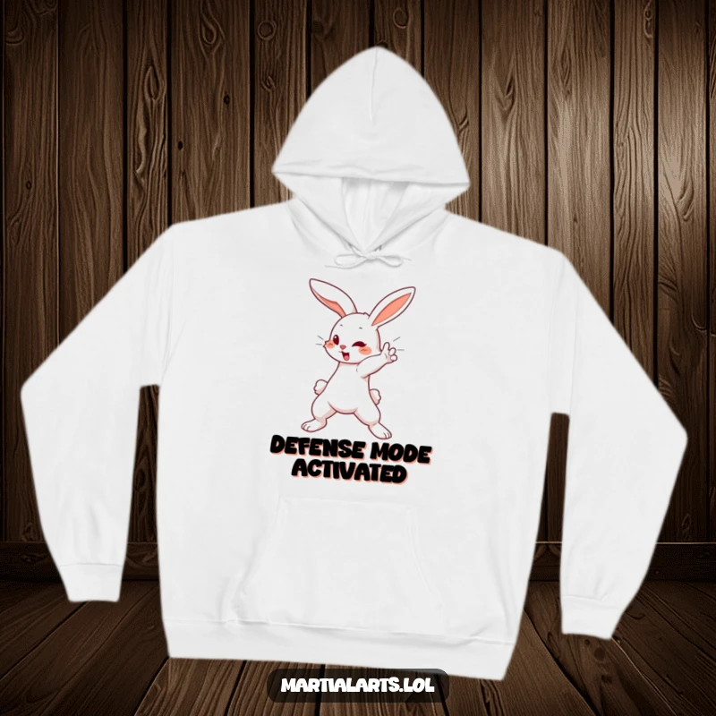 Funny Hoodie: A cute bunny performing a swift blocking motion, exuding playful alertness and humorous protective instincts.