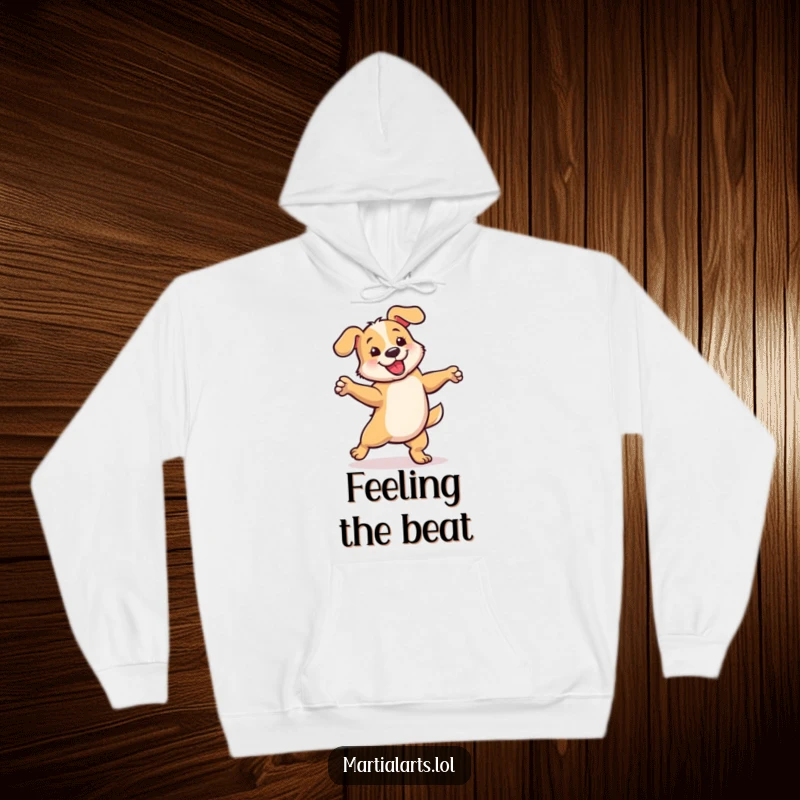 Funny cozy hoodie featuring a dog performing a playful, energetic spin, blending humor and comfort for gifting.