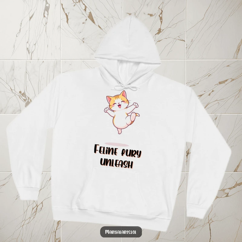 Funny Cat Hoodie showing a jumping cat executing a playful roundhouse kick, perfect for cozy humor and feline flair.