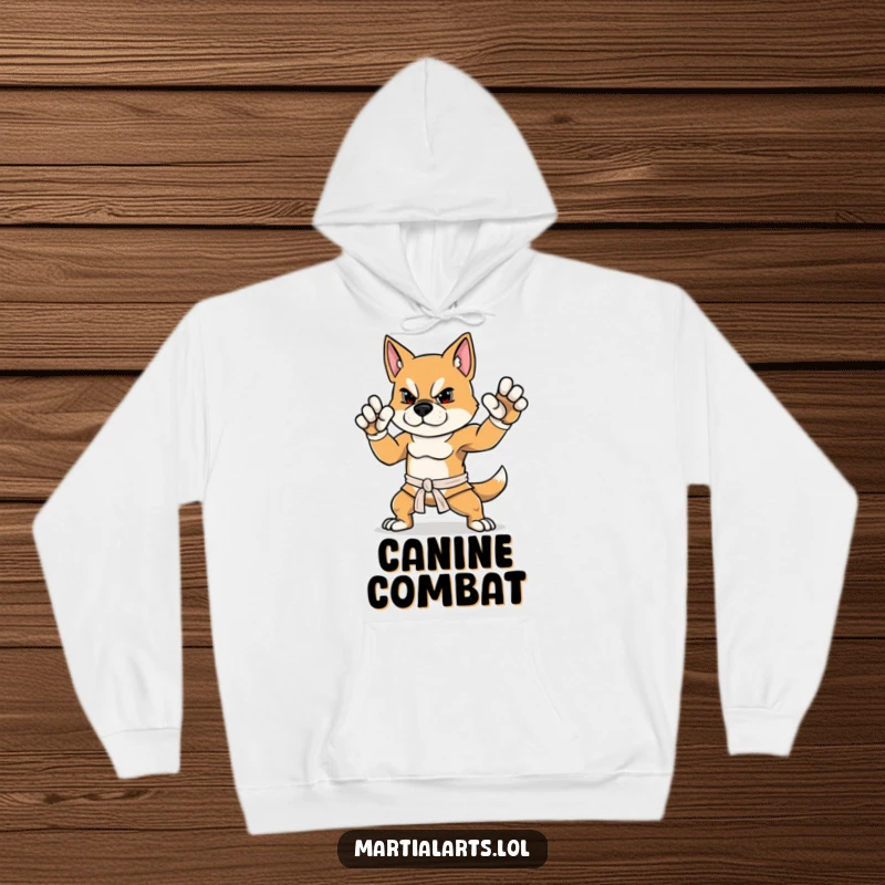 Funny Dog Hoodie featuring a determined dog striking a proud, balanced martial arts stance, making it a cozy and funny gift.