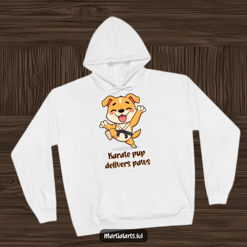 Funny Dog Hoodie showing a happy dog in a spirited karate stance, enthusiastically kicking its legs, perfect for cozy humor.