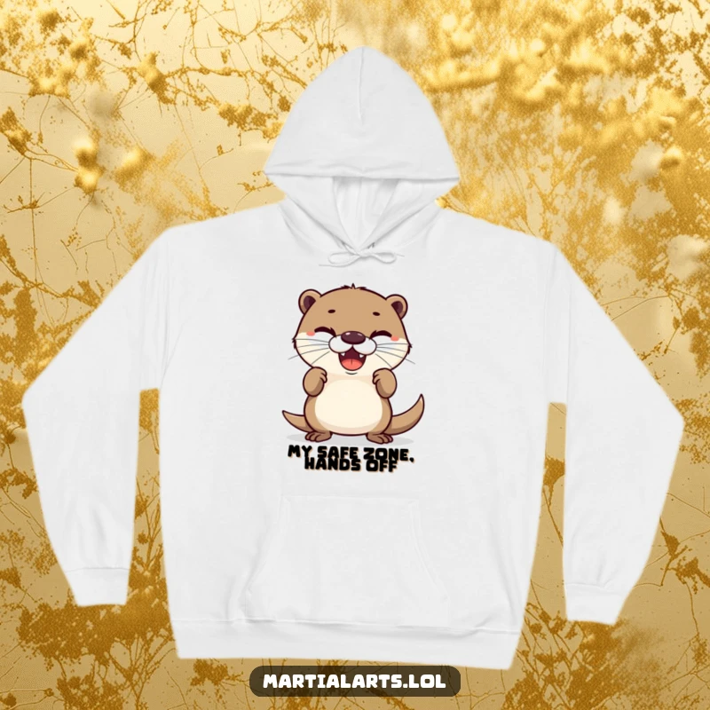 Funny hoodie displaying a delighted otter in a charmingly defensive stance, ready for anything with a funny, determined look.