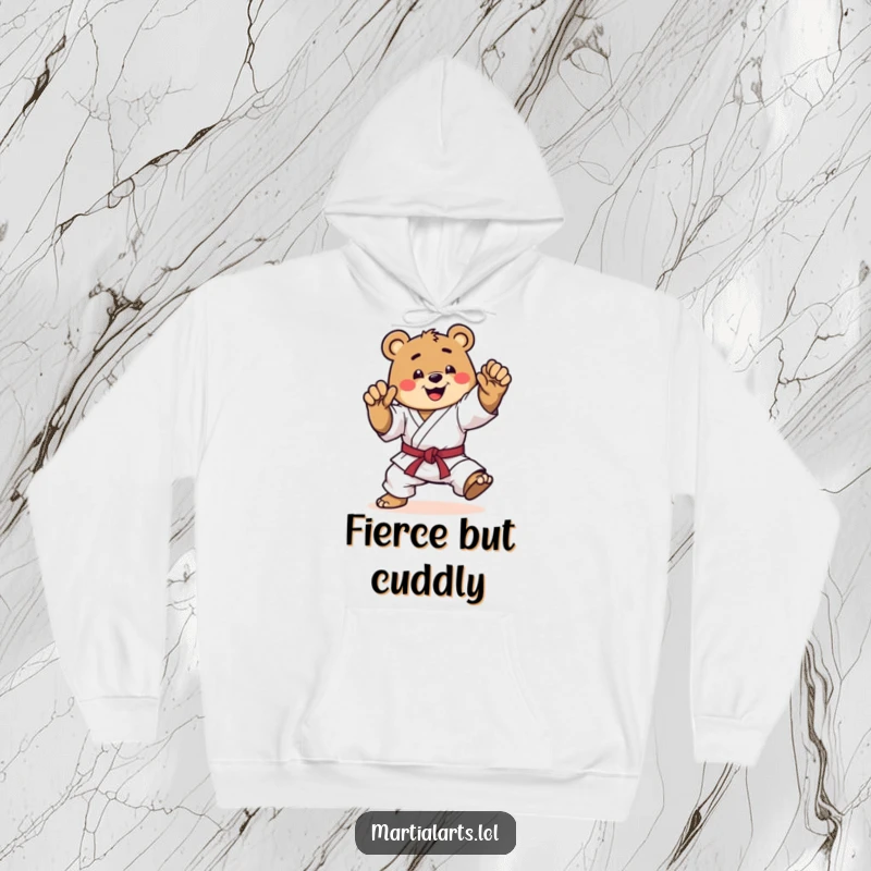 Funny karate bear hoodie, a happy bear striking a dynamic pose, mid-kick, cozy and warm, ready for action with a joyful expression.