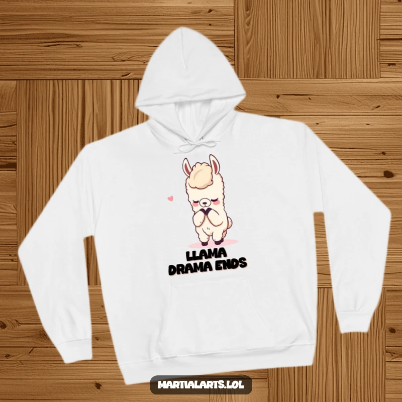 Funny hoodie depicting a content llama bowing respectfully after a mock fight, embodying calm and good sportsmanship.