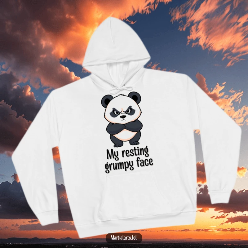 Funny panda hoodie showing a determined panda with crossed arms and fierce eyes, offering humorous protection and warmth.