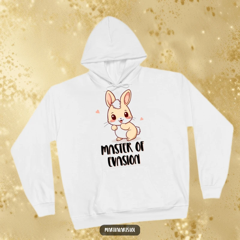 Funny Rabbit Hoodie showing a curious rabbit ducking and weaving with playful movements, perfect for cozy humor and nimble charm.