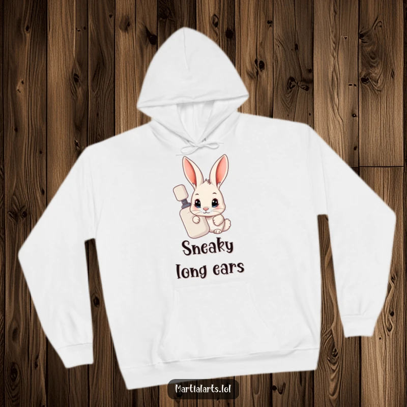 Funny Rabbit Hoodie: A curious rabbit peeking from behind a training dummy, offering cozy humor and playful style.