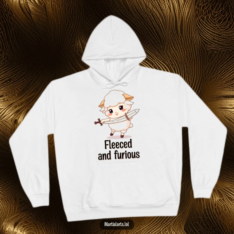 Funny hoodie depicting a fluffy sheep energetically spinning with a pretend sword, ready for a comical quest.
