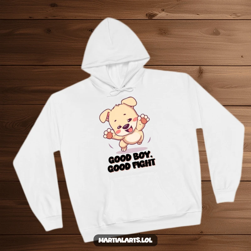 Funny hoodie featuring a playful puppy tumbling in a mock fight, offering warmth and cute, humorous design.
