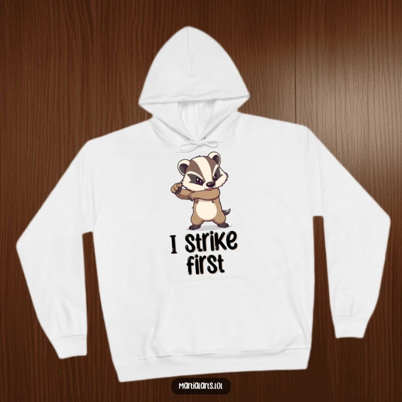 Funny badger hoodie showing a determined animal performing a powerful elbow strike, perfect for staying warm and motivated.