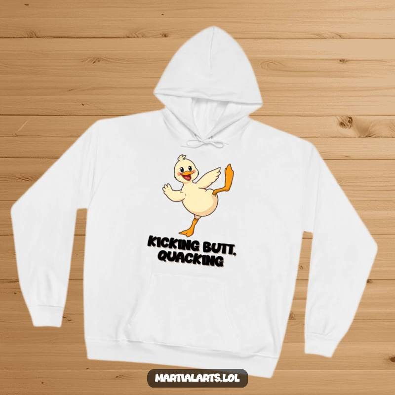 Funny Duck Hoodie: A cheerful duck performing a dramatic flying kick, offering warmth and humorous action.