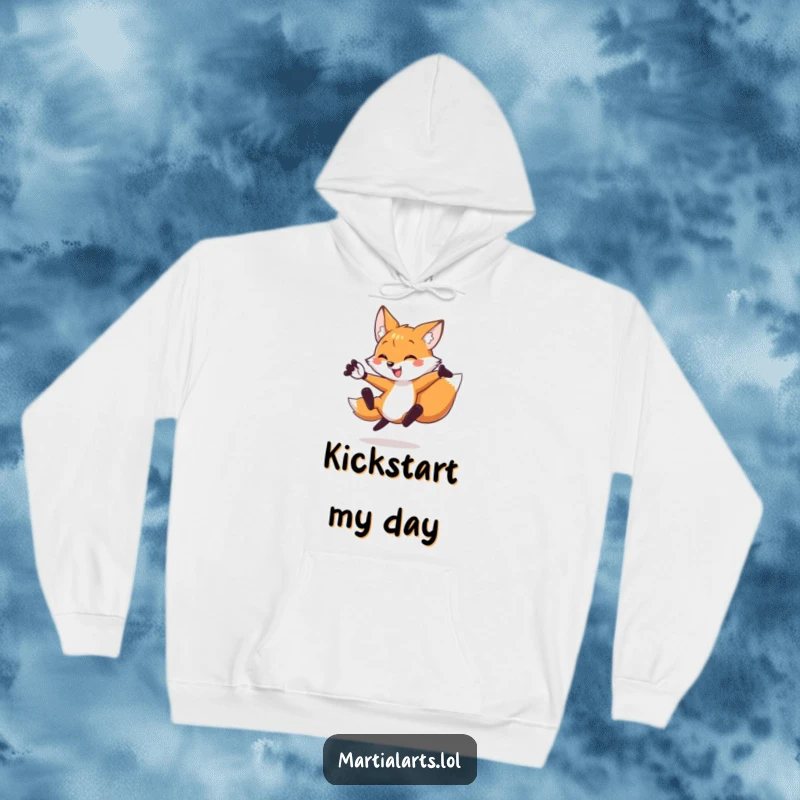 Funny fox hoodie featuring a spirited fox executing a powerful flying side kick, ready for action and warmth.