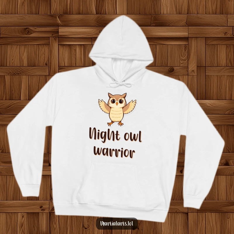 Funny Owl Hoodie: A playful owl balancing in a martial arts stance, offering cozy humor and zen vibes.