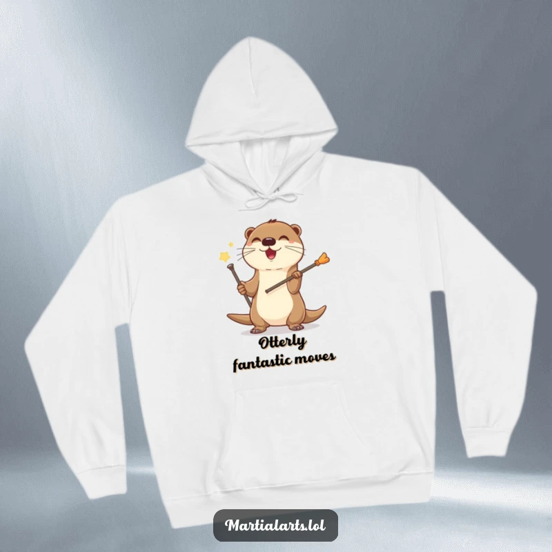 Funny Otter Staff Hoodie featuring a joyful otter spinning a miniature staff, ideal for warm, humorous wear.