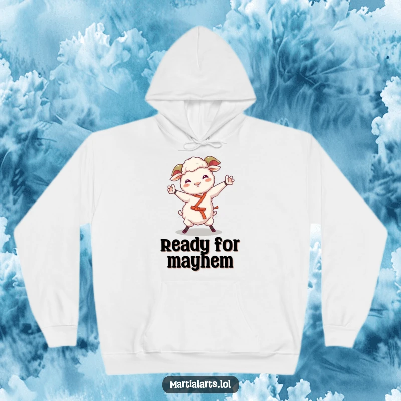 Funny sheep hoodie showing a giggling sheep attempting a wobbly martial arts move, offering warmth and humor.