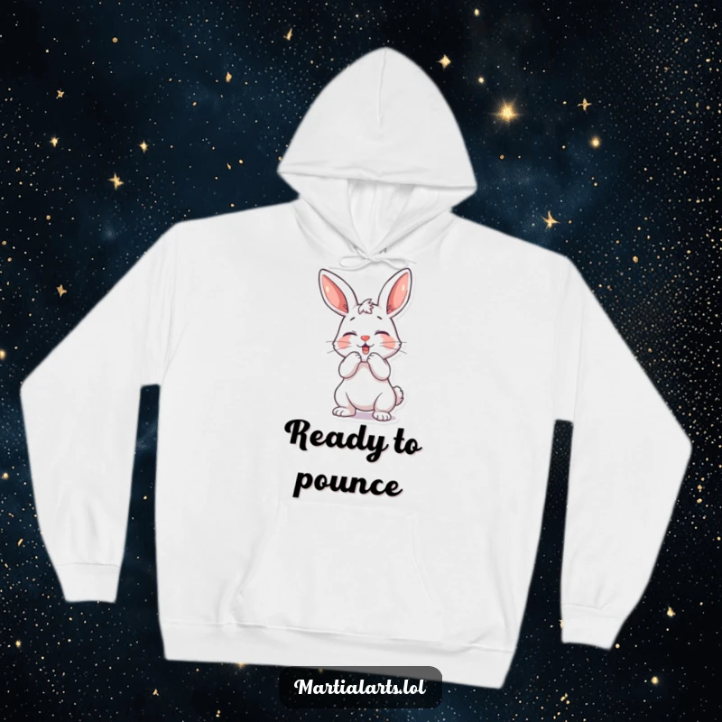 Funny playful bunny hoodie showing a bunny in a cheeky mock strike pose, cute and funny.