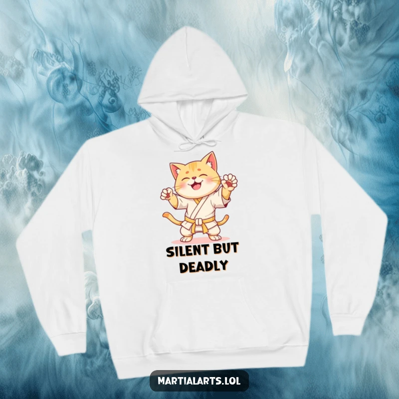 Funny Hoodie: A happy cat confidently striking a dynamic karate pose, exuding playful energy and humorous martial arts skill.