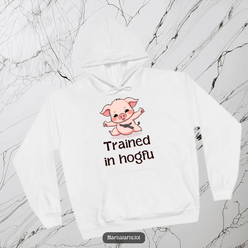 Funny Piglet Martial Arts Hoodie featuring a playful piglet practicing martial arts moves, ideal for warm, humorous wear.