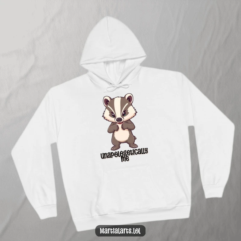 Funny cozy hoodie featuring a brave badger in a strong defensive posture, blending humor and protection for gifting.