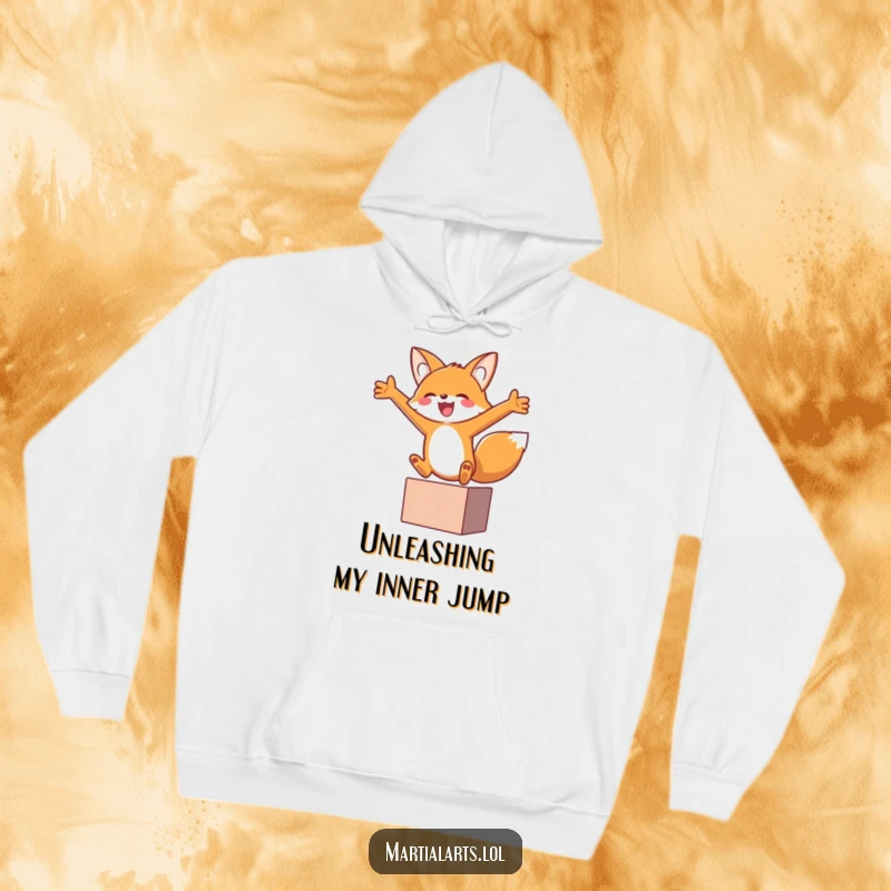Funny fox mid-joyful leap, arms outstretched in a block, exuding happiness on this comfortable hoodie.