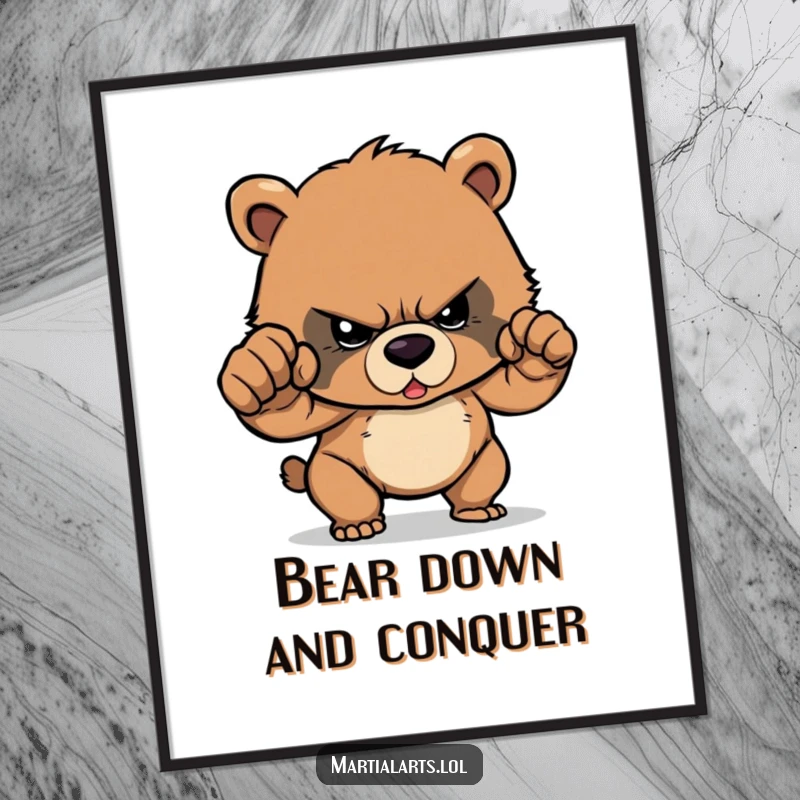 Funny Free Printable Wall Art: Determined bear cub cub focused intensely, throwing a powerful and mighty punch!