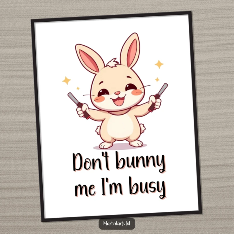 Funny Free Printable Wall Art: A cheerful rabbit with a wide smile, playfully juggling nunchucks with expert skill.