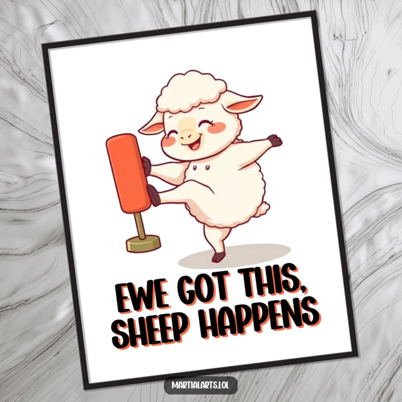 Funny Free Printable Wall Art: A sheep with a huge grin kicks a training dummy with glee.
