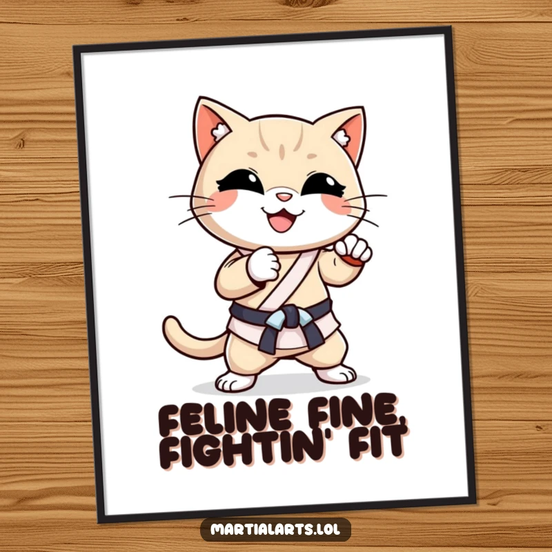 Funny Free Printable Wall Art: A smiling cat in mid-karate chop, exuding playful energy and martial arts prowess, perfect for humor lovers.