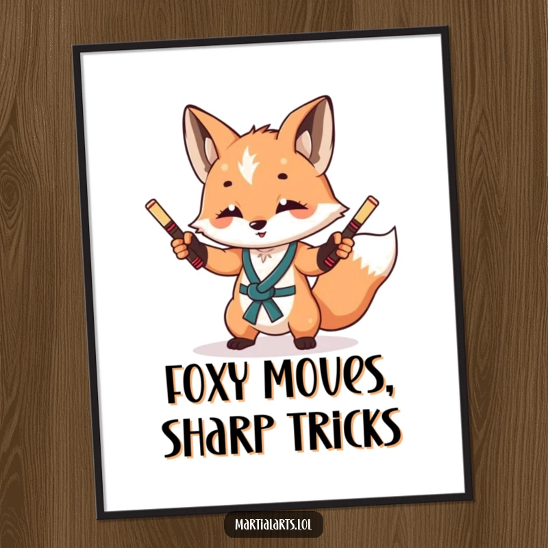 Funny Free Printable Wall Art: A curious fox expertly juggling miniature nunchucks, eyes glinting mischievously, creating dynamic and humorous wall decor.