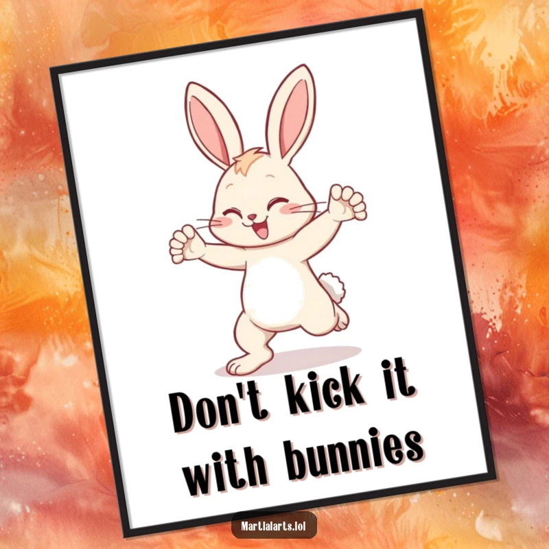 Funny Free Printable Wall Art: A determined bunny blocks a kick with its forelimbs, creating a whimsical scene.