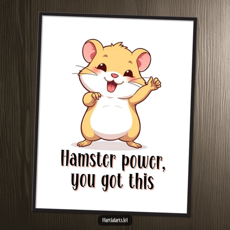 Funny free printable wall art of a beaming hamster in a powerful, confident martial arts fighting pose.
