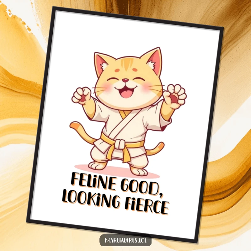 Funny Free Printable Wall Art of a happy cat in a dynamic karate pose, ready to defend your walls with purrfectly executed moves.