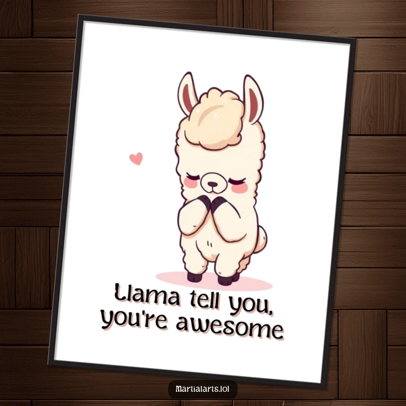 Funny free printable wall art of a content llama in a peaceful pose, bowing respectfully after a mock fight.