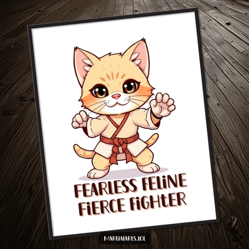 Funny Free Printable Wall Art of a curious kitten confidently striking a playful yet serious martial arts pose.