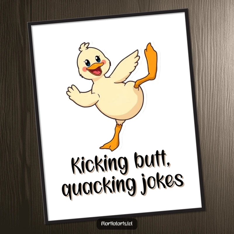 Funny Free Printable Wall Art: A cheerful duck performing a dramatic flying kick with exaggerated dynamism and humor.