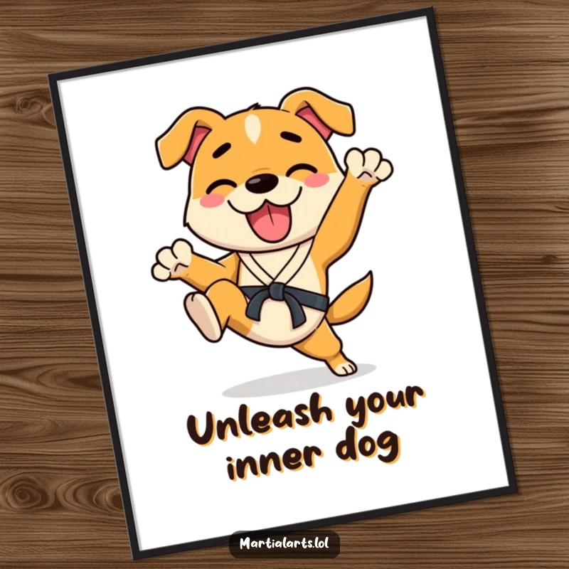 Funny Free Printable wall art of a happy dog executing an enthusiastic karate kick, full of energy and fun.