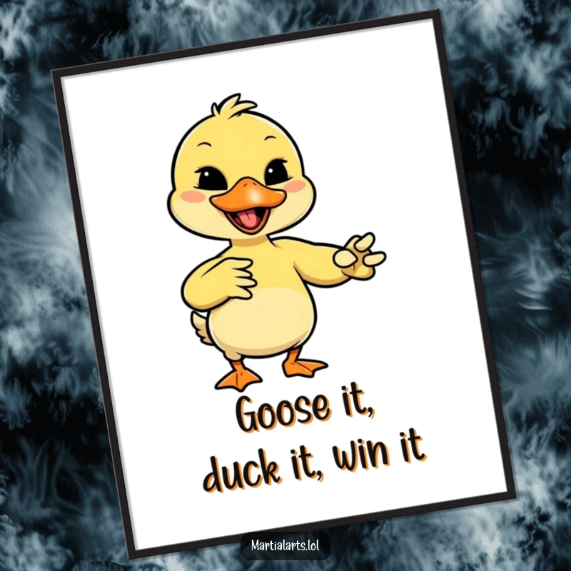 Funny Free Printable wall art of a giggling duck mimicking a martial arts move with its beak, looking ready for action.