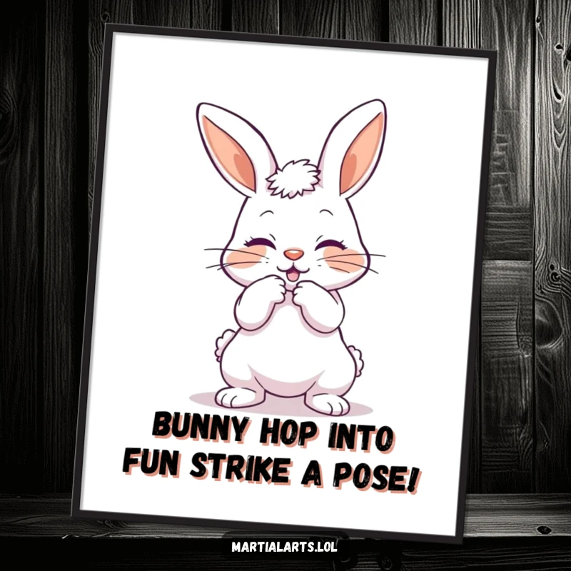 Funny Free Printable Wall Art: A playful bunny bows with a mock strike, bringing a humorous martial arts vibe to the decor.