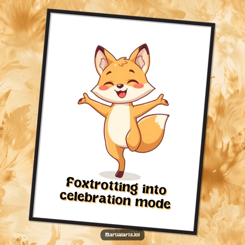 Funny free printable wall art of a smiling fox balancing on one leg, arms outstretched, bringing playful energy.