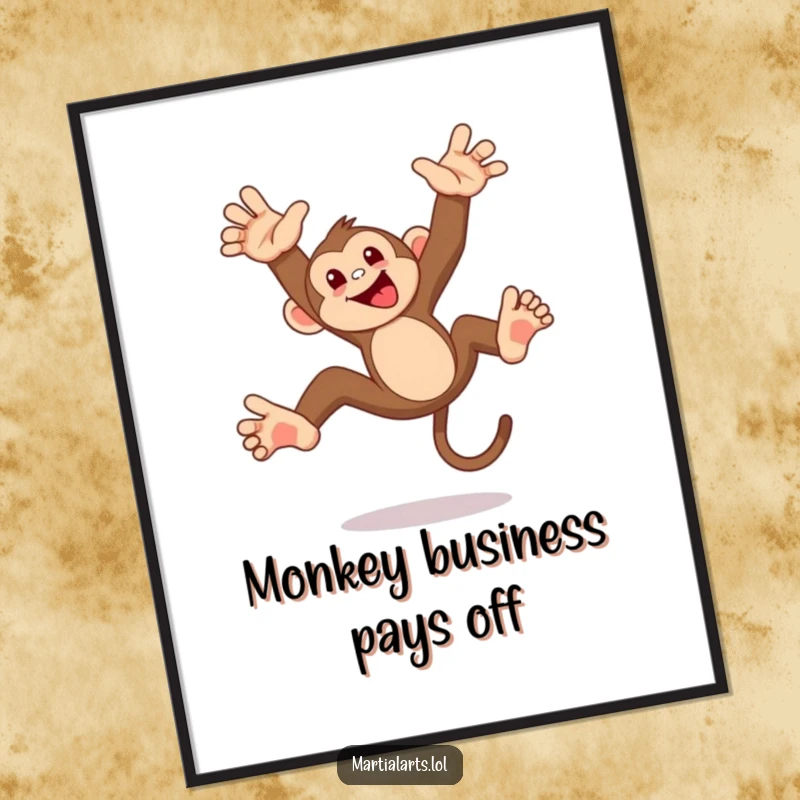 Funny Free Printable Wall Art: A mischievous monkey performing a playful, acrobatic flip with a cheeky grin.