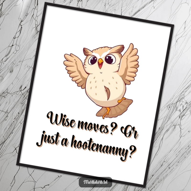 Funny Free Printable Wall Art: A startled owl tumbles comically from a leaping pose, a whimsical addition to any room.