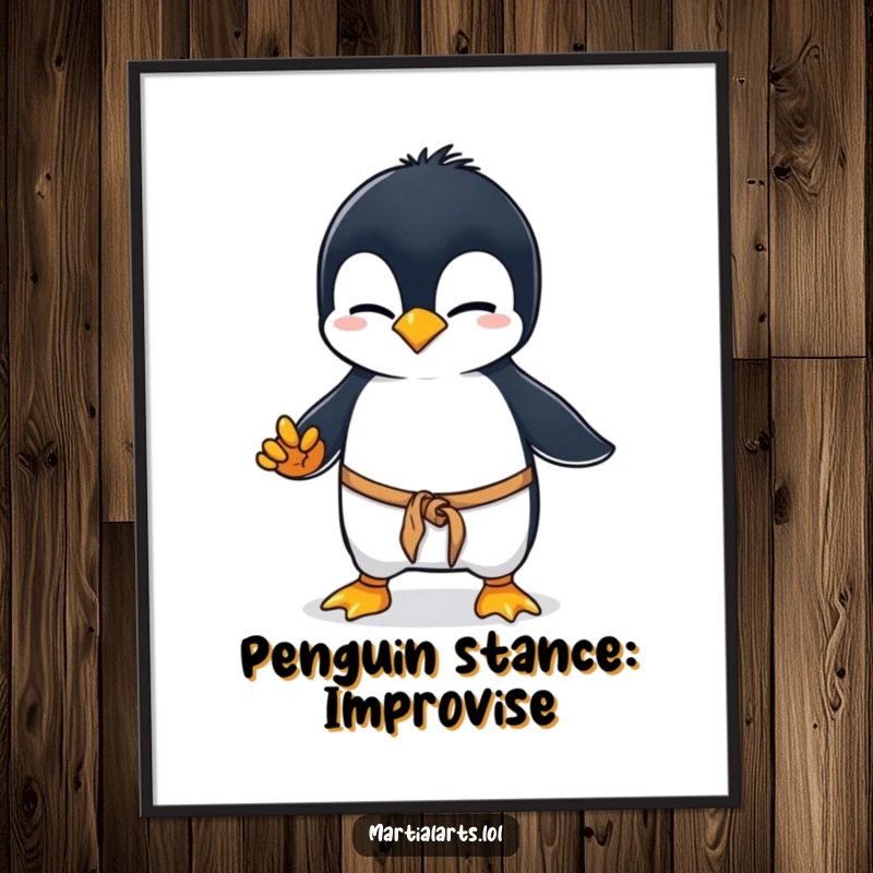 Funny Free Printable Wall Art: A curious penguin wobbling awkwardly through a clumsy martial arts stance.