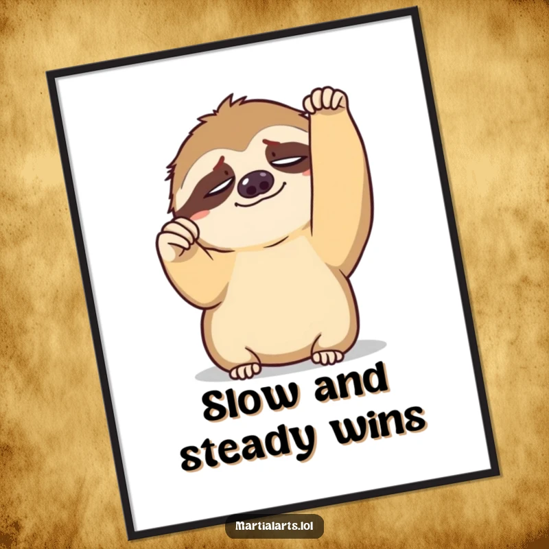 Funny Free Printable wall art: a tired sloth slowly raising a fist in a humorous, relaxed pose.