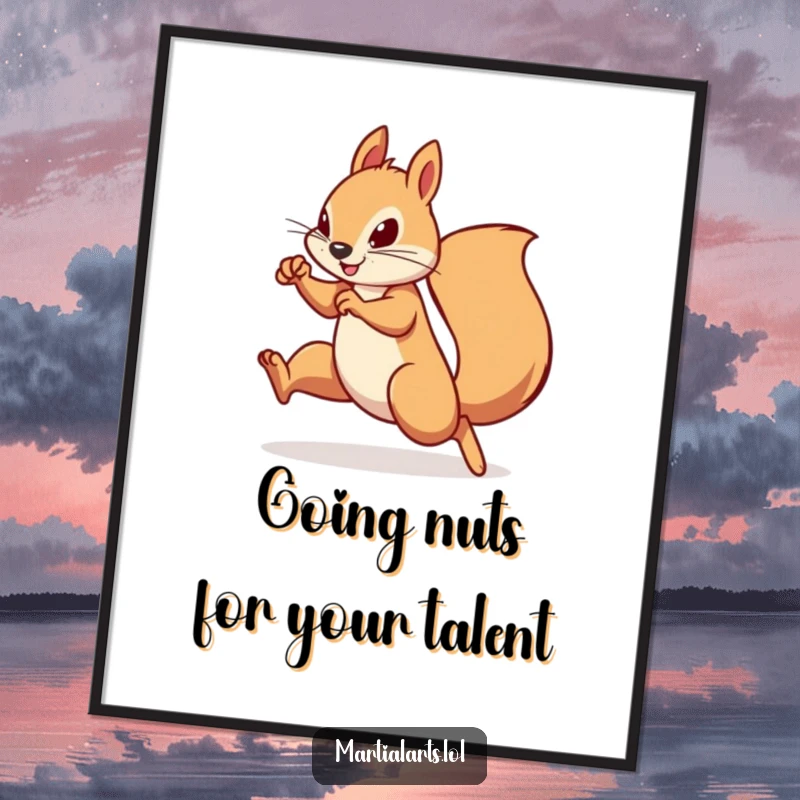 Funny Free Printable Wall Art: A determined squirrel practicing a swift, agile martial arts move with focused intensity.
