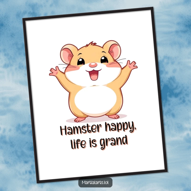 Funny Free Printable Wall Art of a happy hamster in a wide, energetic stance, radiating pure joy and humor, perfect downloadable decor.