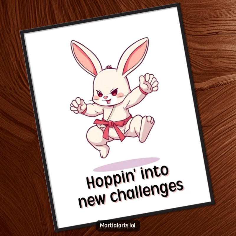 Funny Free Printable wall art: a bunny in a dynamic, powerful martial arts stance, ready for action.